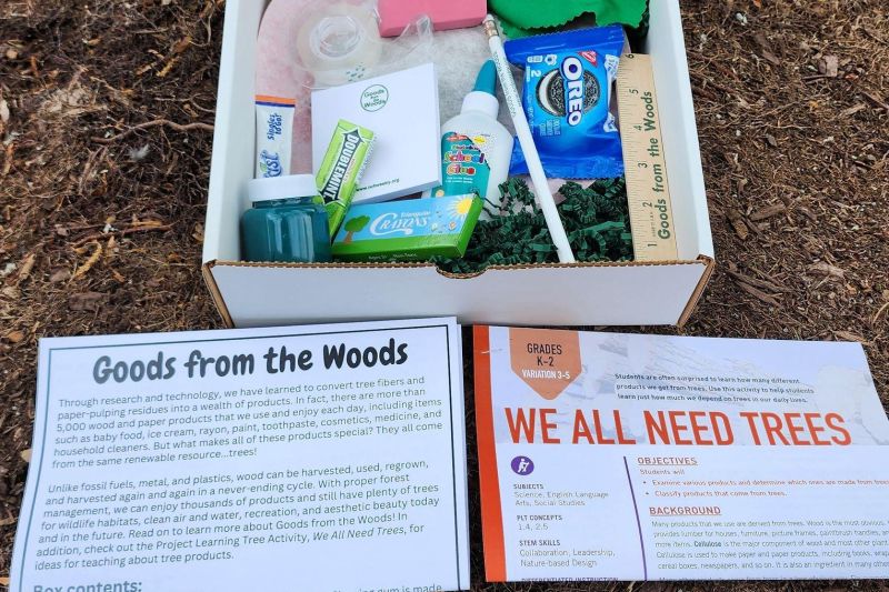 A Goods from the Woods kit with tree-derived products and We All Need Trees activity cards
